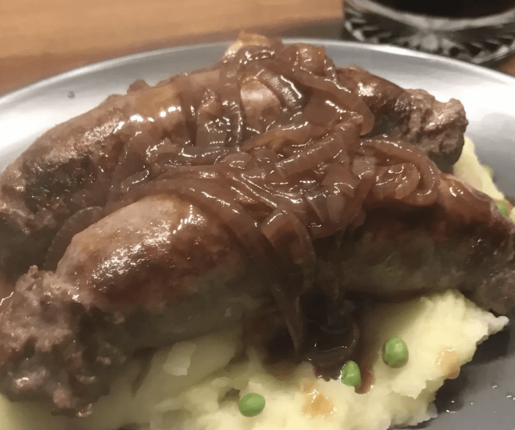 Bear Bangers and Duck Fat Mash with Peated Scotch Onion Gravy
